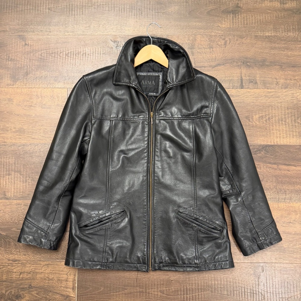 Vintage 90s Y2K ARMA Women's Black Genuine Leather Moto Jacket Size 38